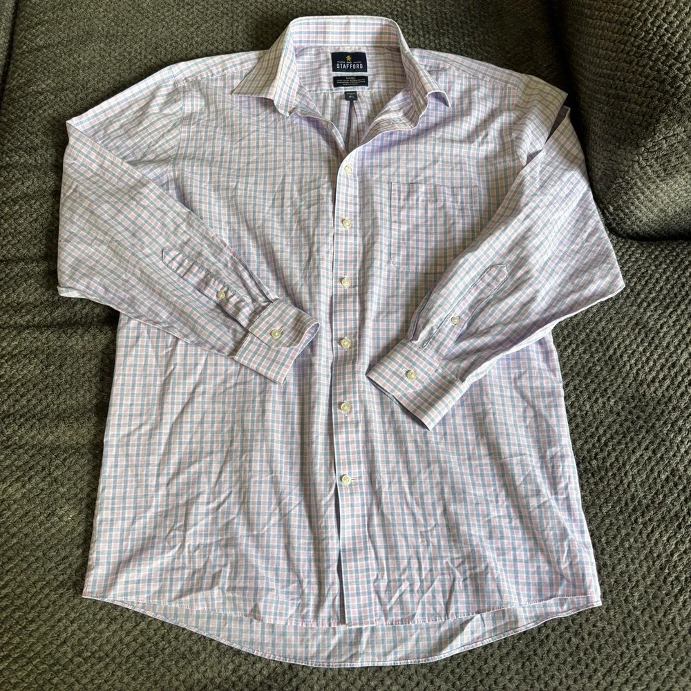 Stafford Shirt Mens 16 1/2- 34/35 Pink Travel Wrinkle Free Oxford Cotton Blend‎